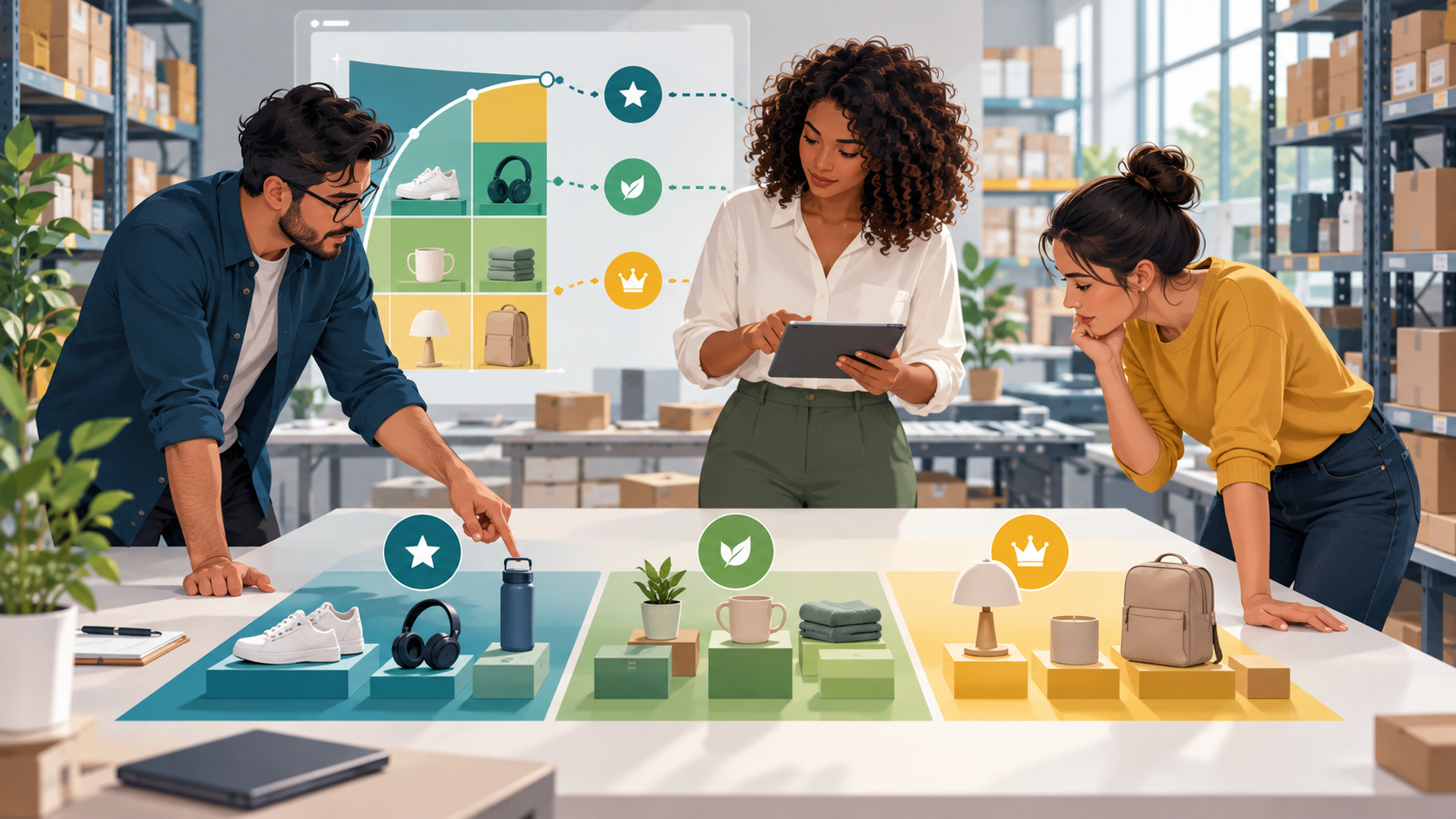 Equipe de e-commerce organiza produtos por prioridade enquanto analisa o estoque e o sortimento