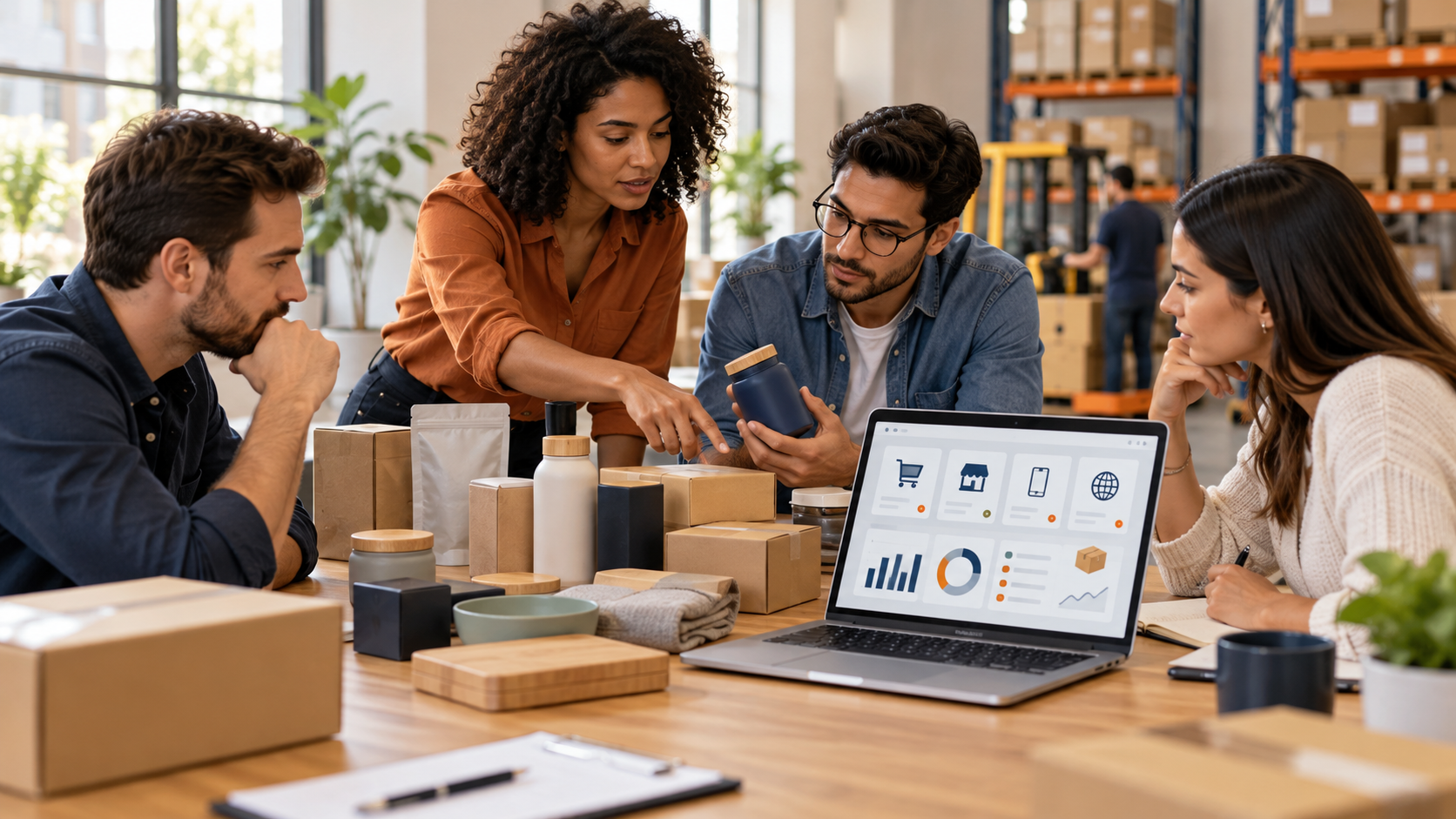 Equipe de um fabricante avalia produtos, embalagens e indicadores antes de entrar em novos canais digitais