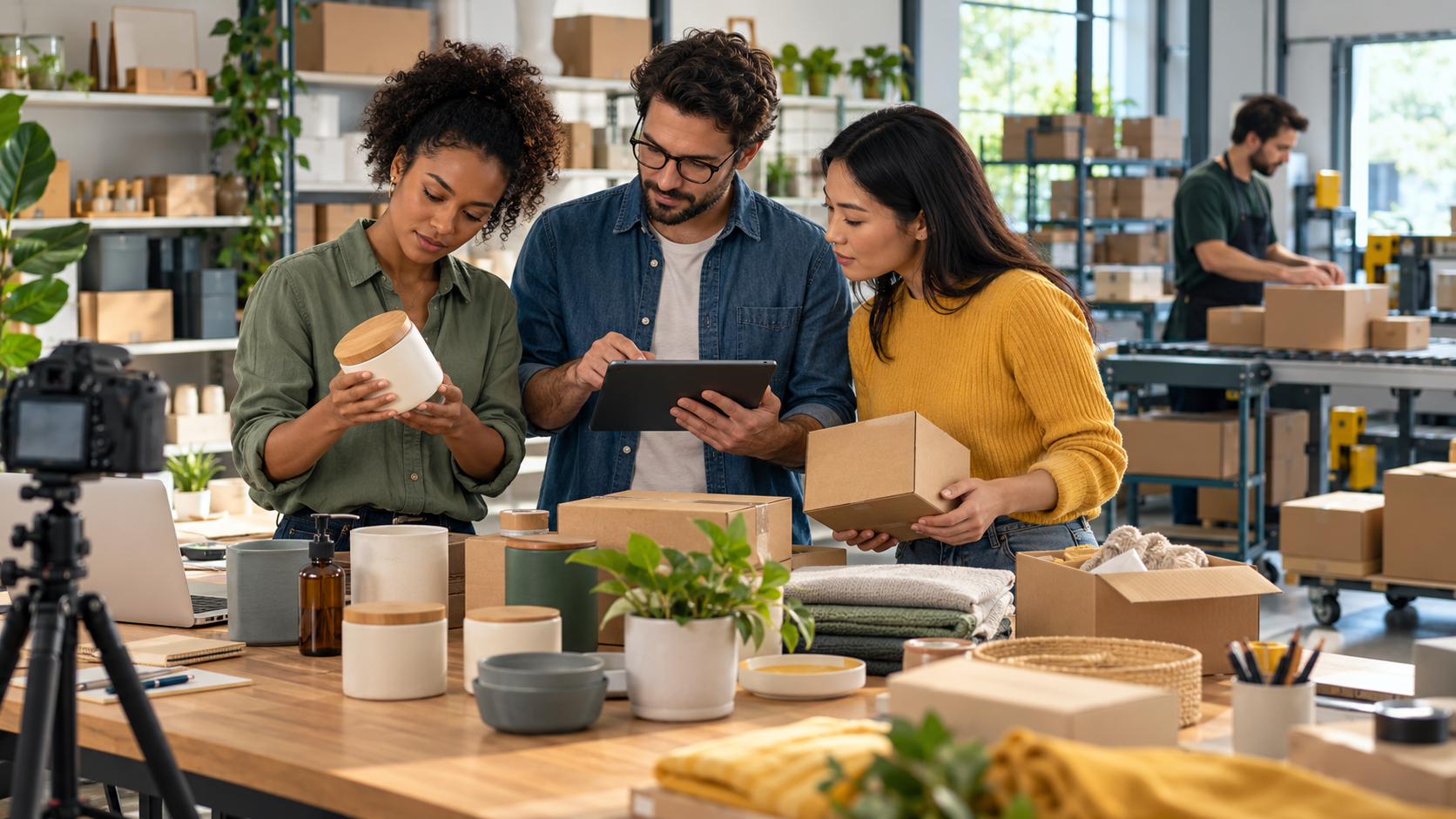 Equipe de um fabricante seleciona produtos, embalagens e informações para montar um portfólio de marketplace